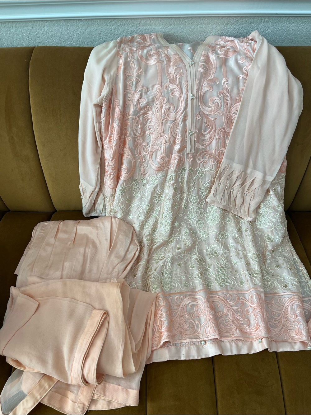 Elegant Light Peach Long Sleeve Embroidered Women's Dress